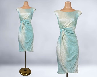 VINTAGE 90s Aqua Ombré Metallic Crinkle Lamé Cocktail Dress | 1990s retro 50s Party Prom Wiggle Dress | VFG