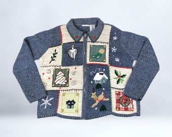 VINTAGE - Pull cardigan zippé pour Noël des Fêtes des années 90 avec appliqué | Pull de fête de Noël moche des années 1990 Bleu chiné | VFG