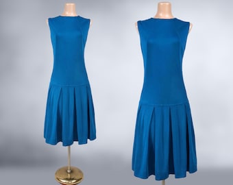 VINTAGE 60s MOD Peacock Blue Drop Waist Dress With Pleated Sweep | 1960s Mid Century Modern Short Scooter Dress | VFG