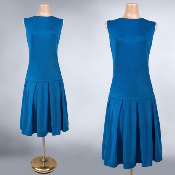 VINTAGE 60s MOD Peacock Blue Drop Waist Dress With Pleated Sweep | 1960s Mid Century Modern Short Scooter Dress | VFG