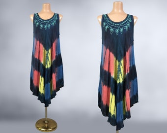 VINTAGE 90s Butterfly Tie Dye Indian Rayon Trapeze Dress OSFM | 1990s Mini Caftan Full Boho Festival Tank Sundress | VFG