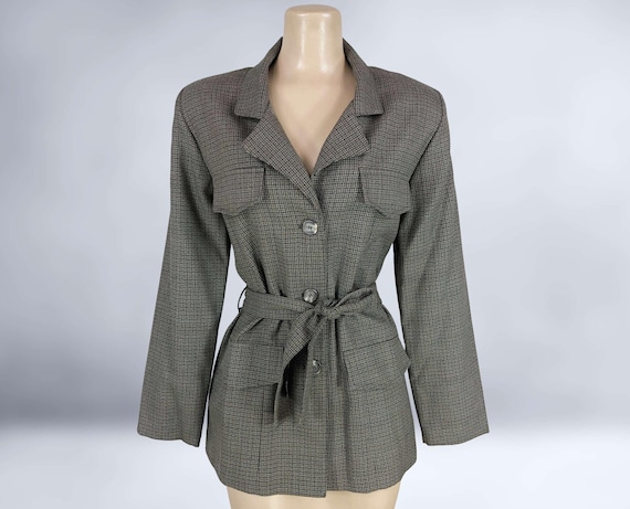 VINTAGE 80s Houndstooth Blazer Jacket - Belted & Tailored by VINTAGE 80s Houndstooth Blazer Jacket - Belted & Tailored by