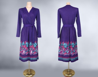 VINTAGE 80s Purple Striped Novelty Fruit Border Print Dress | 1980s V Neck Long Sleeve Cotton Jersey Day Dress | VFG