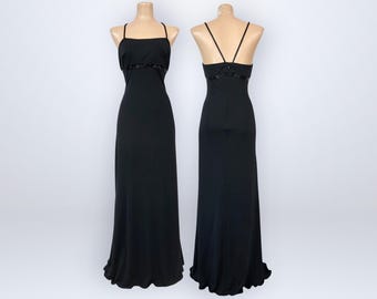 Vestido de noche vintage de los 90, negro, con cuentas, de jersey Rimini, largo hasta la rodilla, talla 10 M/L, muy buen estado.