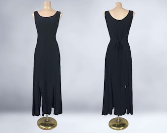 VINTAGE 80s 90s Black Rayon Car Wash Flap Hem Dress M/L| 1980s 1990s Rayon Crinkle Gothic Dress | VFG