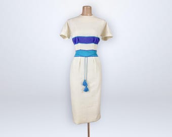 Vintage 60s Anne Fogarty Color‑Block Wool Sheath Dress | Tassel Belt | Near Mint  | VFG
