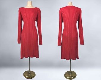 VINTAGE 90s Red Long Sleeve Sweater Dress Size Large | 90s Curvy Ribbed Sweater Dress with Flared Hem | Vintage Knitwear | VFG