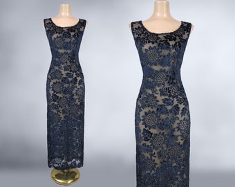 VINTAGE 90s Sheer Burnout Velvet Midnight Blue Maxi Dress | 1990s See Through Over Dress | VFG