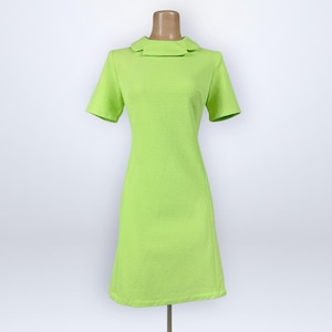Vintage 60s Chartreuse Space Age Mod Shift Dress Textured Lime Green Notched Collar VFG