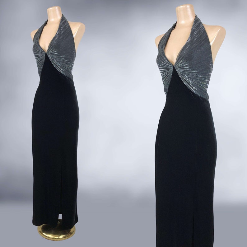 VINTAGE 80s Metallic Crystal Pleated Black Velvet Halter Dress by ...