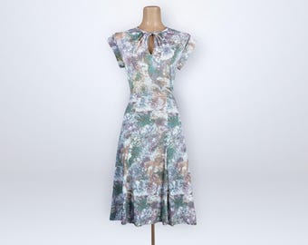 Vintage 70-tals blommig nyckelhålstoppskjol set brungrön boho tvådelad outfit VFG