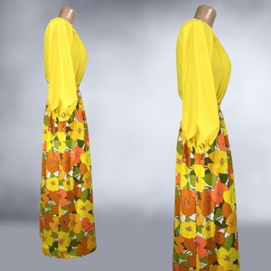 VINTAGE 70s Flower Power Maxi Skirt and Balloon Sleeve Blouse Set 1970s Handmade Off Shoulder Top Skirt Outfit Thompson California vfg image 6