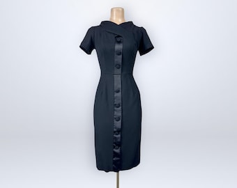 Vintage 50s Black Wool Hourglass Cocktail Dress Crossover Neckline Stanton Jrs VFG