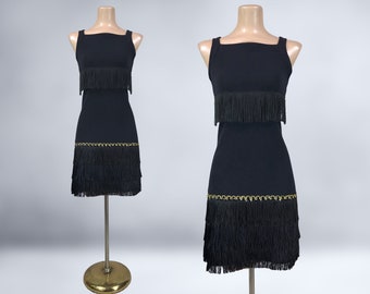 VINTAGE 80s 90s Black Fringe Flapper Mini Dress by All That Jazz Sz Medium | 1990s Square Neck retro 20's Party Costume Dress | VFG