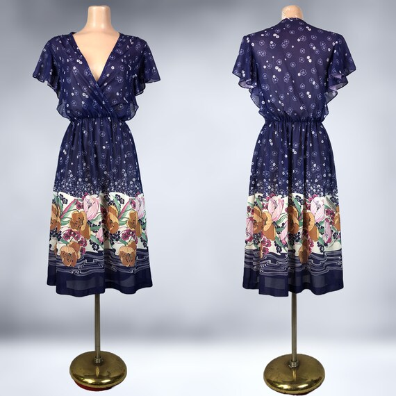 VINTAGE 70s Border Print Sheer Floral Dress with … - image 2