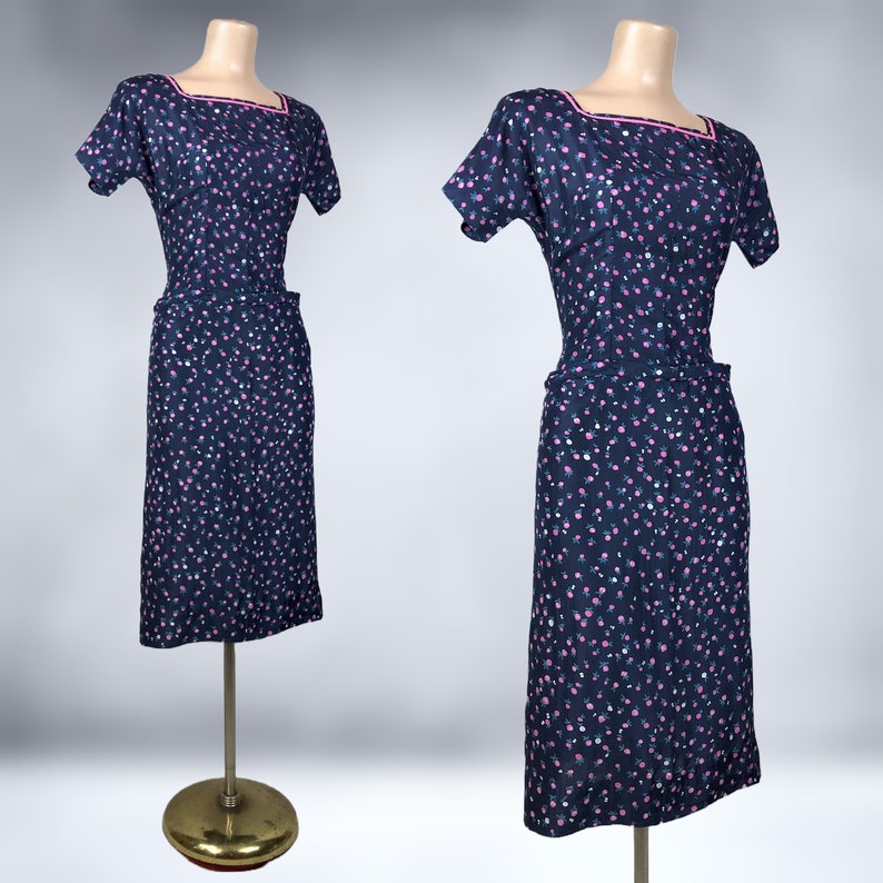 VINTAGE 40s Navy Blue Silk Novelty Print Dress with Pockets Radish Fruit 1940s Art Deco Vegetable Print Bombshell Dress VFG image 5
