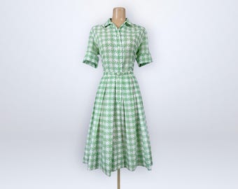 Vintage 1960s Bobbie Brooks Sage Green Houndstooth Belted Shirt Dress Full Swing VFG