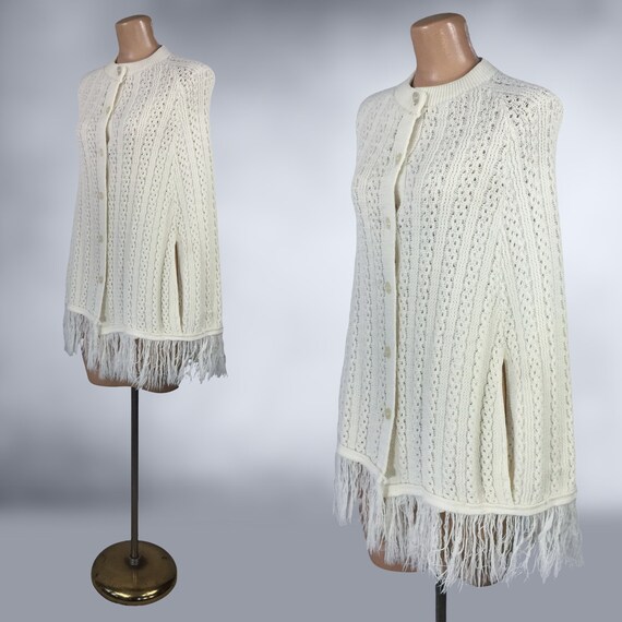 VINTAGE 60s 70s Knit Sweater Cape with Fringe OS … - image 2