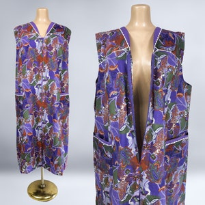 VINTAGE 70s Purple Floral Op-Art Zip Front House Dress with Hip Pockets Plus Size Volup 1970s Smock Kaftan Dress VFG image 1