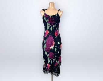 Vintage 90s Dark Purple Floral Bias Cut Slip Dress Papillon Indian Rayon Medium VFG