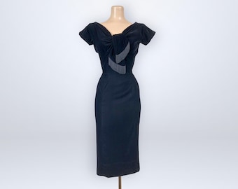 Vintage 50s Black Velvet Hourglass Cocktail Dress Gigi Young Fringe Sash Trim VFG