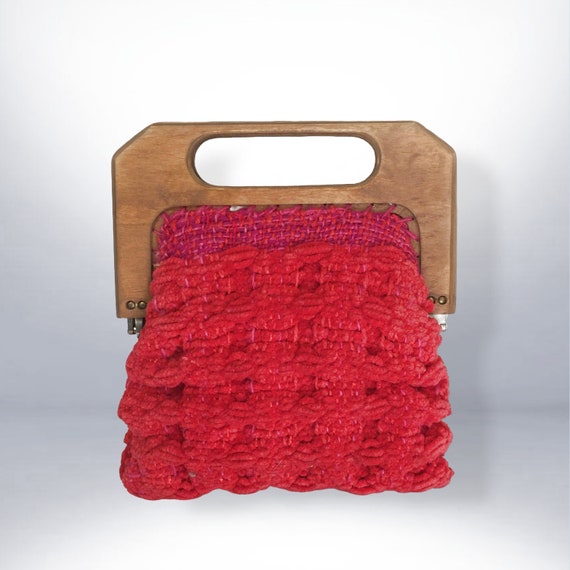 VINTAGE 40s 50s Red Chenille Knit Pouch Handbag w… - image 2