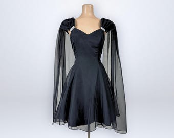 Vintage 80s Sheer Black Caped Goth Glam Mini Cocktail Dress Scarlett Nite VFG