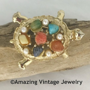 Sarah Coventry &quot;SEMI PRECIOUS TURTLE&quot; Pin from 1969 * Vintage Sarah Coventry Turtle Pin *  Vintage Turtle Pin * Semi-Precious Turtle Pin
