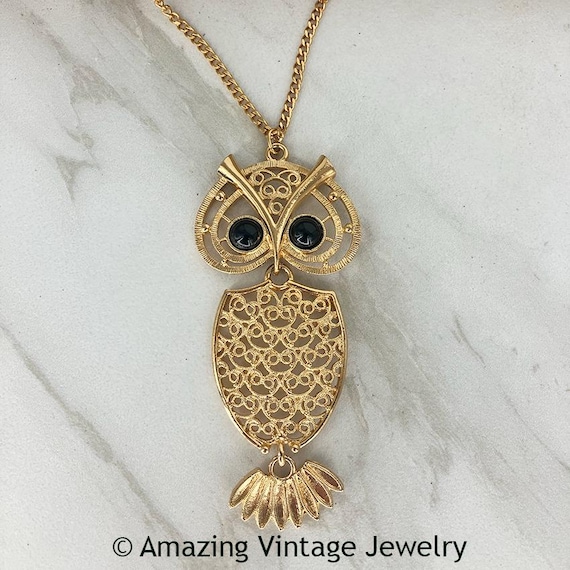 Sarah Coventry NITE-OWL Necklace 1974 * Vintage Sarah Cov Owl Pendant with Black Eyes * Night Owl