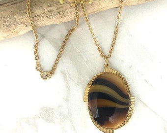 Sarah Coventry CARAMELTONE Necklace from 1973 * Vintage Sarah Coventry Brown Gold Tiger Eye Pendant