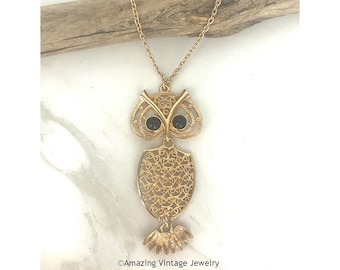 Sarah Coventry NITE-OWL Necklace 1974 * Vintage Sarah Cov Owl Pendant with Black Eyes * Night Owl
