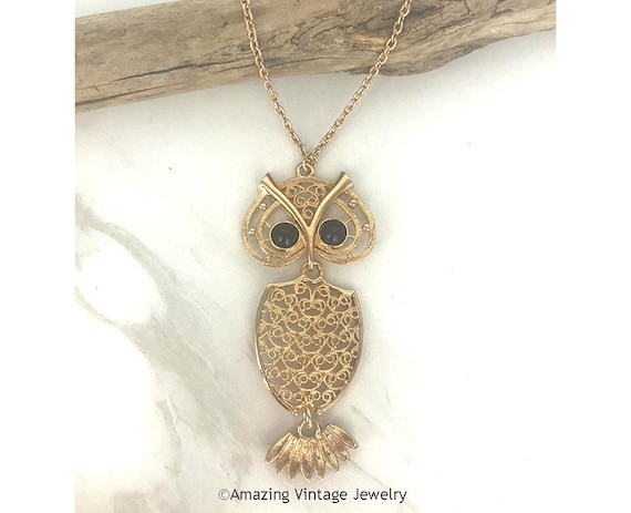Sarah Coventry NITE-OWL Necklace 1974 * Vintage Sarah Cov Owl Pendant with Black Eyes * Night Owl
