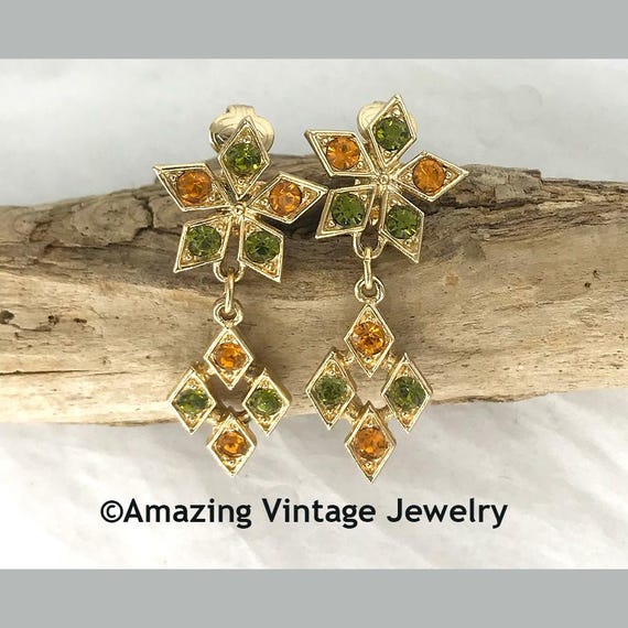 Sarah Coventry Earrings MADE IN CANADA * Sarah Coventry Canada Earrings Vintage Sarah Coventry Rhinestone Earrings Olive and Gold Rhinestone