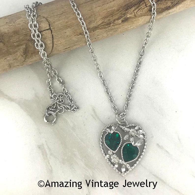 Sarah Coventry LOVE STORY Necklace Vintage Necklace from the 1970's Sarah Coventry Birthstone Necklace Love Story May Sarah Emerald image 1