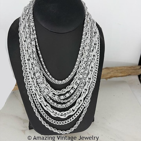 Vintage 10 Strand Silver Necklace * Multi Strand Statement