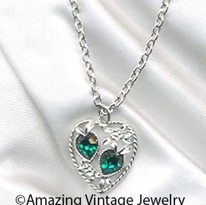 Sarah Coventry LOVE STORY Necklace Vintage Necklace from the 1970's Sarah Coventry Birthstone Necklace Love Story May Sarah Emerald image 2