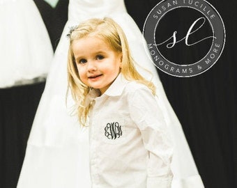 Monogrammed flower girl shirt, child's monogrammed button down shirt, bridal party, wedding day flower girl, bridesmaid