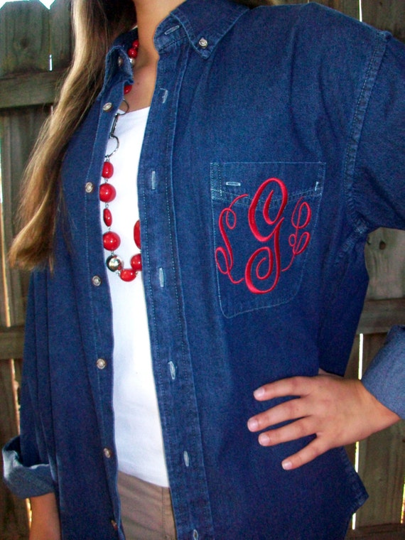 Monogrammed Denim Button Down Shirt