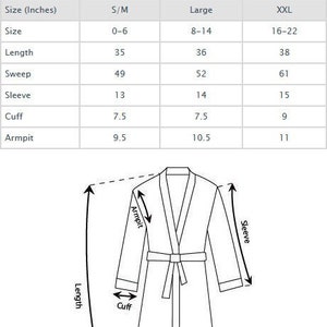 May include: A size chart for a robe with measurements in inches for the size, length, sweep, sleeve, cuff, and armpit. The chart shows sizes S/M, Large, and XXL.