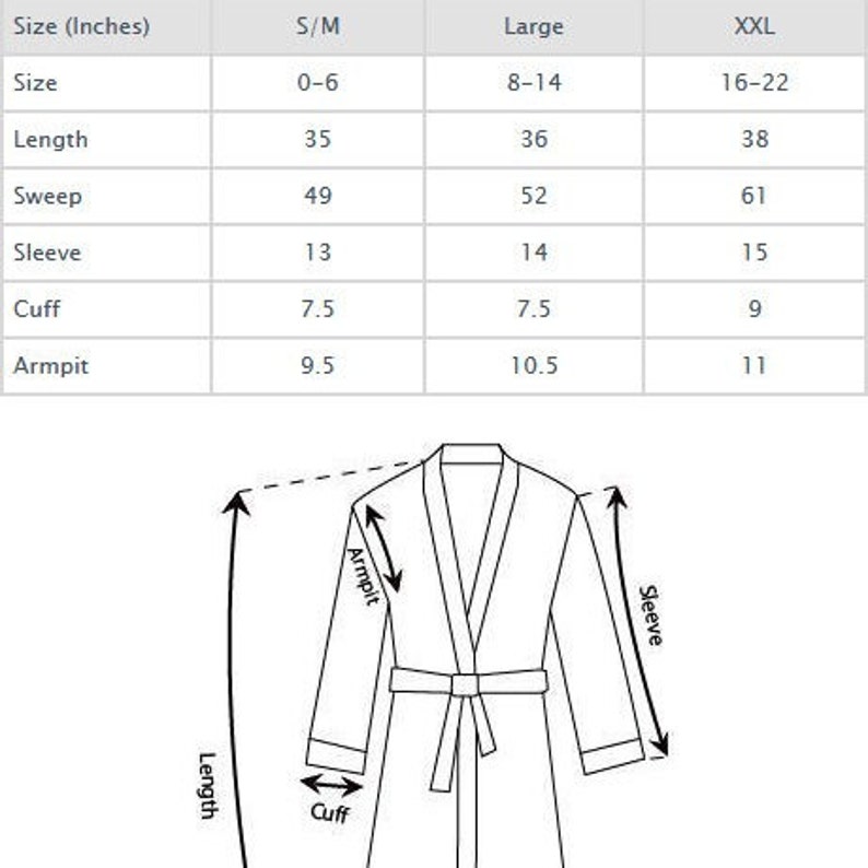 May include: A size chart for a robe with measurements in inches for the size, length, sweep, sleeve, cuff, and armpit. The chart shows sizes S/M, Large, and XXL.