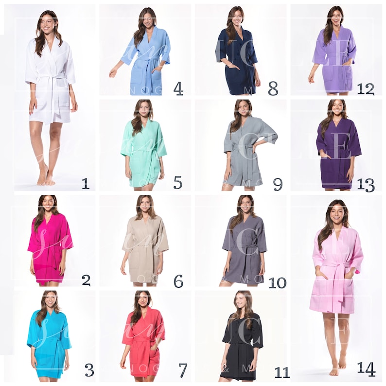May include: A grid of 14 images showing different colors of a short-sleeved robe with a sash tie. The robes are in the following colors: white, pink, blue, light blue, teal, red, beige, gray, dark gray, navy, lavender, purple, and light pink.