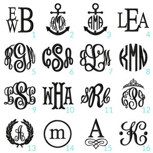 May include: A collection of 16 black and white monogram designs. The monograms are in various styles, including script, block, and anchor. The monograms are numbered 1 through 16.