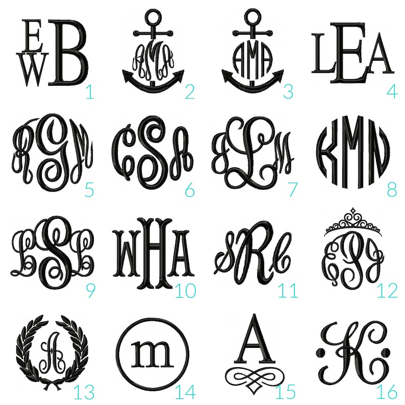 May include: A collection of 16 black and white monogram designs. The monograms are in various styles, including script, block, and anchor. The monograms are numbered 1 through 16.
