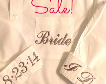 Monogrammed Bride or Bridesmaid button down shirt with extra embroidery. Bride, Maid or Honor, Mother of the Bride, I Do, etc.