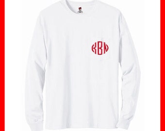 Monogrammed pocket T shirt, Long Sleeved, 11 colors to choose from, monogram or greek letters.