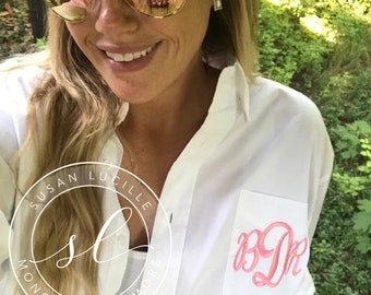 Bridesmaid Button Down Shirt Bride Oxford Getting Ready Gift Oversized Monogram Button Up Shirt