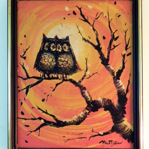 vintage Halloween owls on a tree original painting on canvas, framed, signed