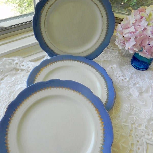 Vintage Blue and white 8" plates, gold trim,  set of 3, made in Russia