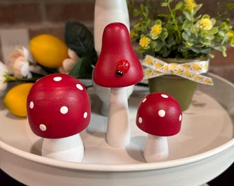 Hand Painted Wood Mushroom Set, Polka Dot Tiered Tray Decor