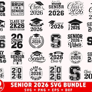 Peut inclure: Ensemble de motifs SVG noirs et blancs pour les seniors de 2026. Les motifs incluent des coiffes de graduation, le texte "Senior 2026" et l'expression "Class of 2026". Le lot comprend 30 motifs.